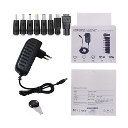 Adaptador Universal 12W a 30W AC/3V a 12V DC con 8 Puntas Adaptadoras y Conector MicroUSB LED 2000mA (Max.) Negro Adaptador Universal 12W a 30W AC/3V a 12V DC con 8 Puntas Adaptadoras y Conector MicroUSB LED 2000mA (Max.) Negro